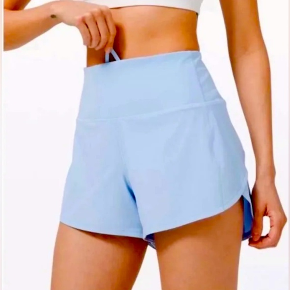 Blue Linen speed ups, size 4 tall, high rise